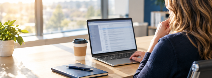 Professional pausing to review an email on her laptop at the start of the workday, practicing everyday cybersecurity habits.
