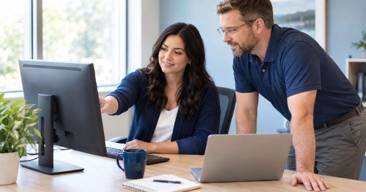 Two coworkers in an office reviewing business backups together at a computer