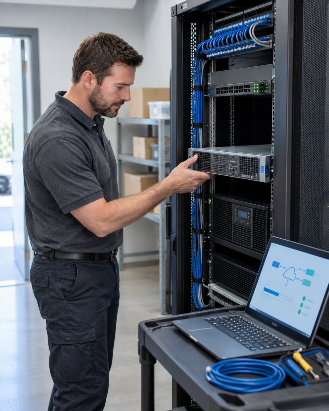 Technician working on a server rack with a laptop showing a cloud migration screen