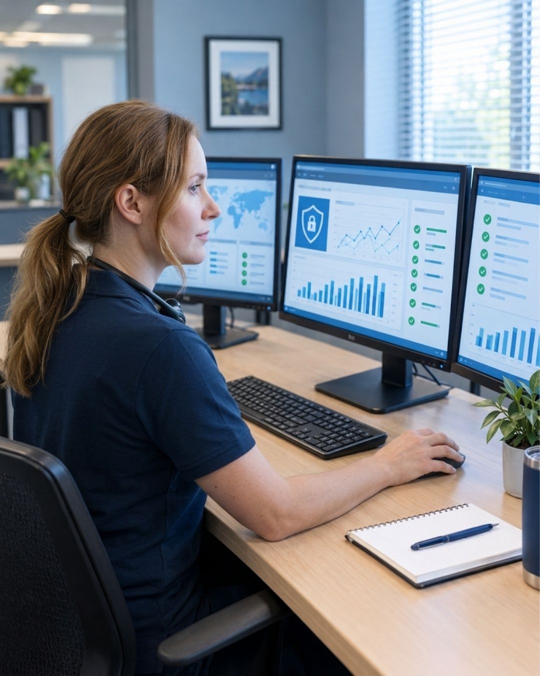 A technician monitoring security dashboards on three screens at an office workstation