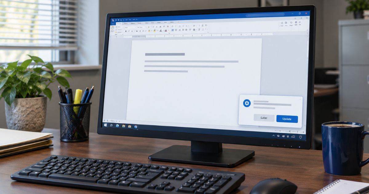 Monitor on an office desk showing an update reminder with Later and Update buttons, a prompt to install security updates