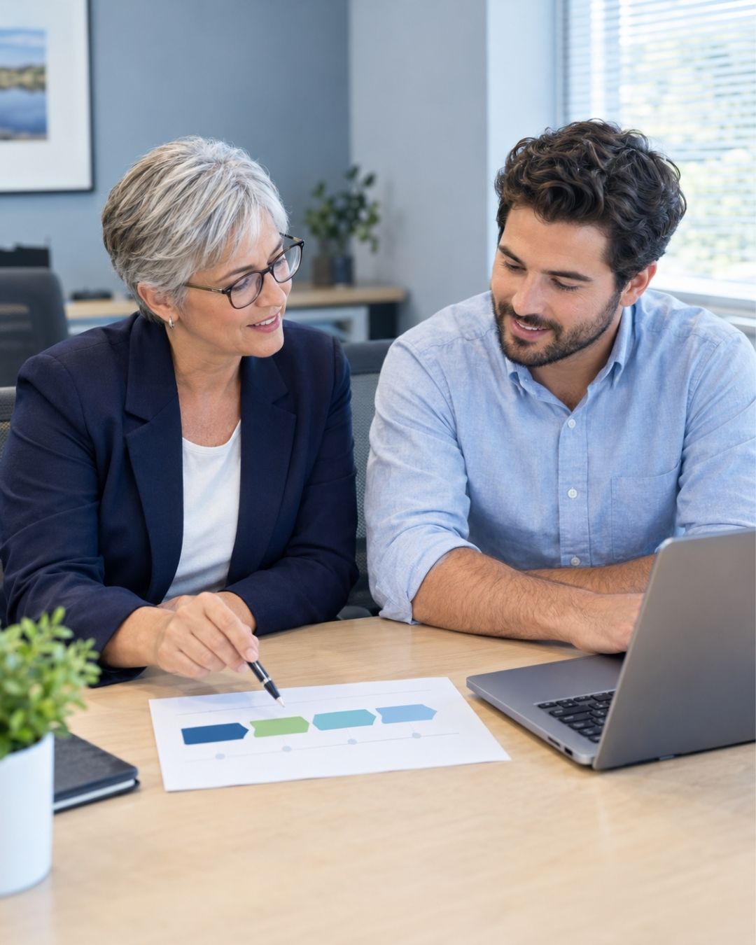 Two colleagues reviewing a printed timeline together at a conference table