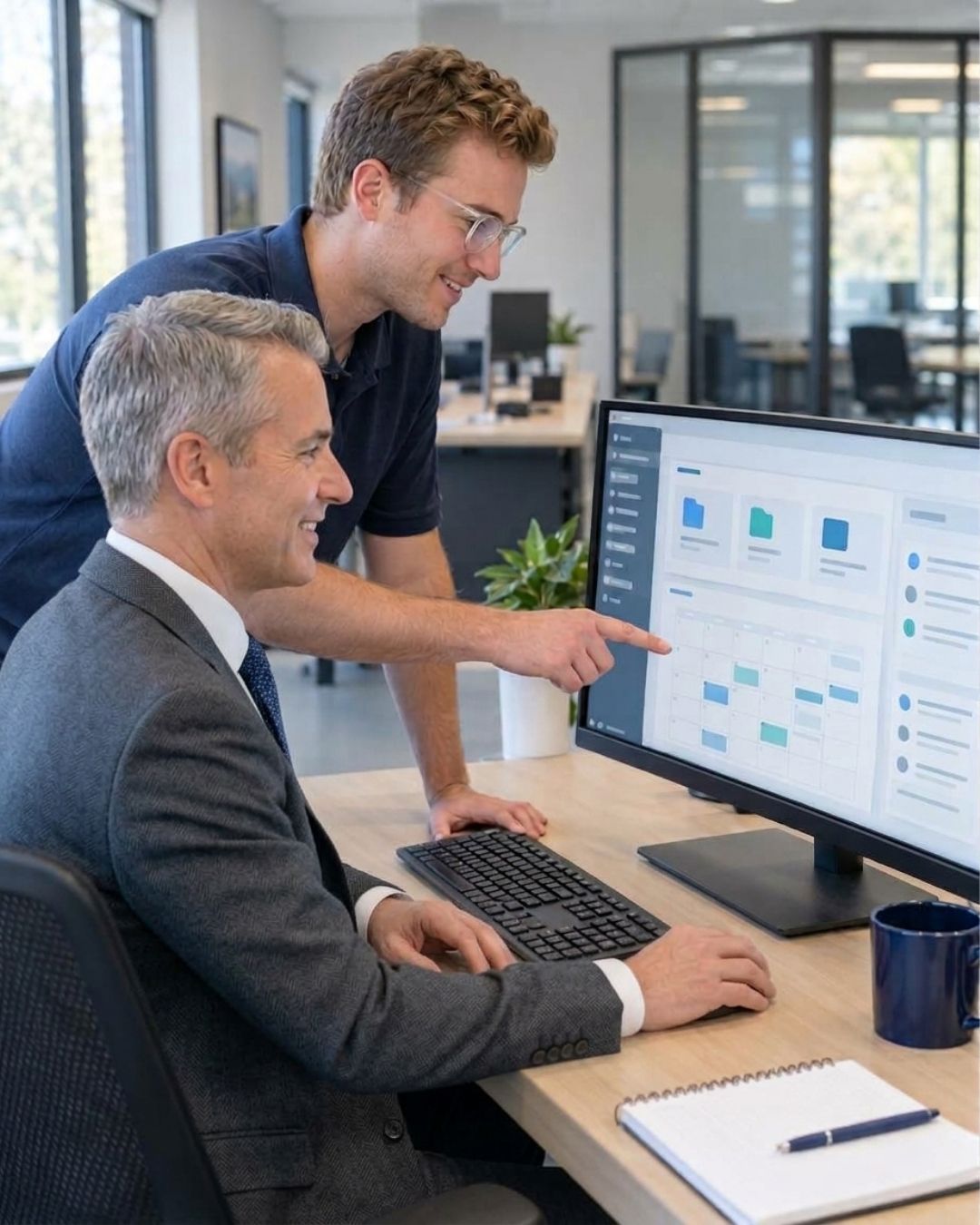 A technician pointing to a collaboration workspace on a colleague's computer screen.